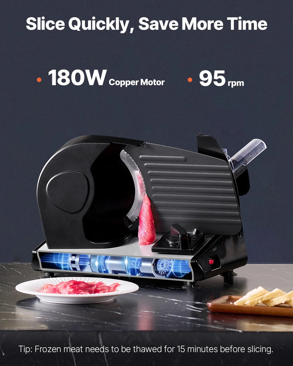 Meat Slicer, 7.5in Electric Deli Food Slicer, 180W Meat Cutter w/ two Premium SUS420 Blades, 0-0.6 in Adjustable Thickness