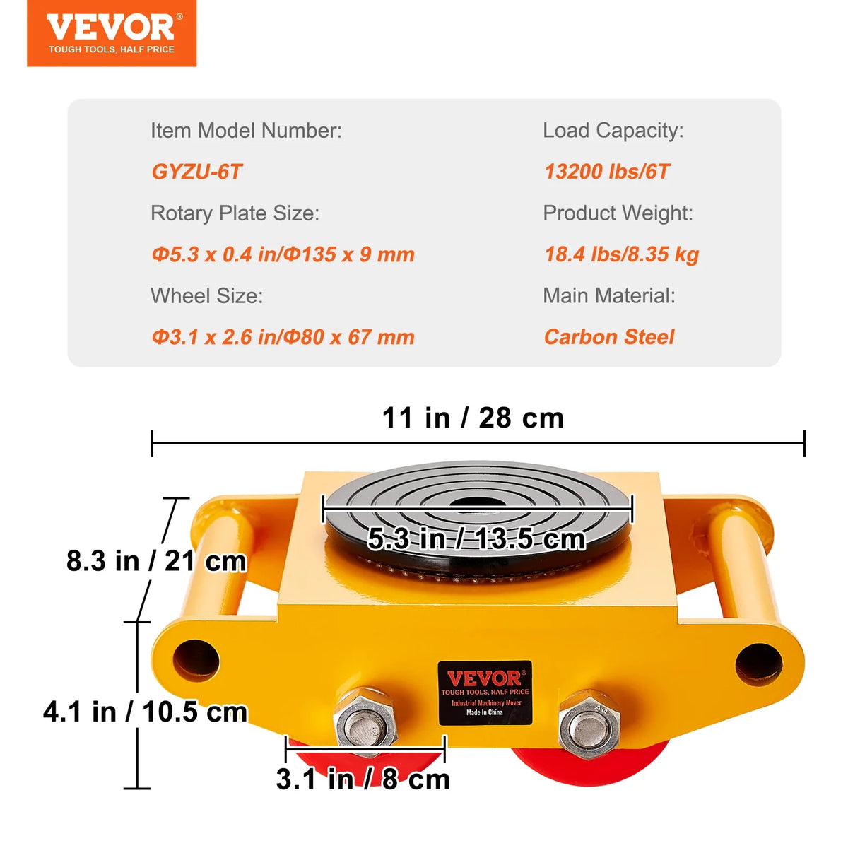 Machinery Skate Dolly,6T Heavy Duty Carbon Steel Machinery Moving Skate with 4 PU Wheels and 360° Rotation Non-Slip Cap