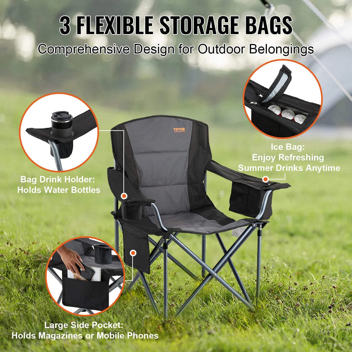 Camping Folding Chair for Adults Portable Outdoor Lumbar Back Padded Arm Chairs for Beach Lawn Picnic Fishing Backpacking
