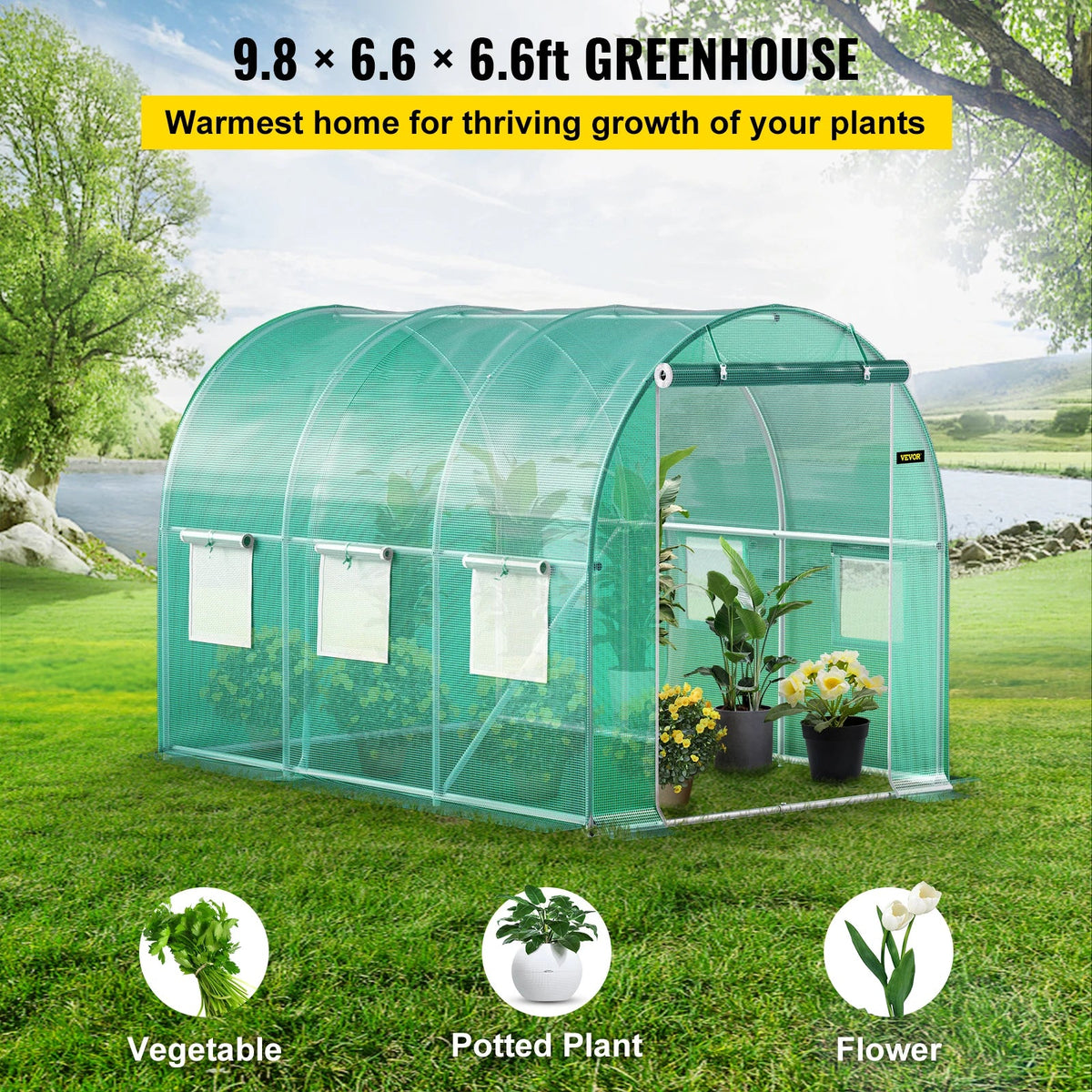 Walk-in Tunnel Greenhouse, 9.8 x 6.6 x 6.6 ft Portable Plant Hot House w/Galvanized Steel Hoops, 1 Top Beam,Diagonal Poles