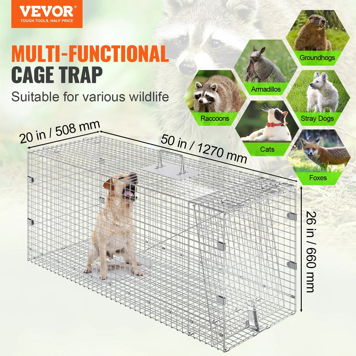 24/31/42/50in Live Animal Cage Trap Folding Humane Cat Trap Galvanized Iron with Handle for Rabbits Squirrels Groundhogs