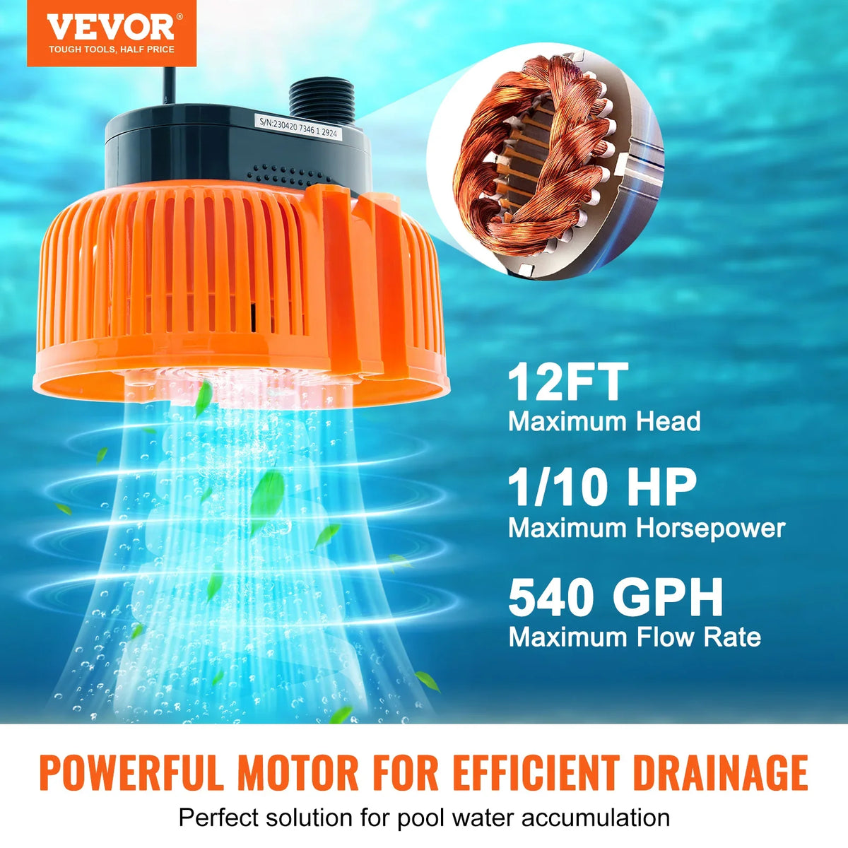 Automatic Pool Cover Pump 1/10HP 75W 540GPH 120V Submersible Swimming Pool Cover Pump Water Removal Pump for Pool Draining