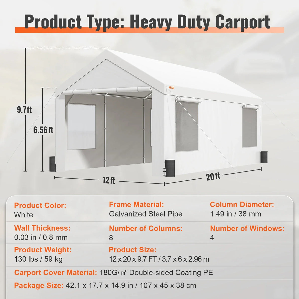 Outdoor Car Carport Heavy Duty Yard Car Canopy Garage Shelter with Removable Sidewalls UV Resistant Waterproof Car Tarp
