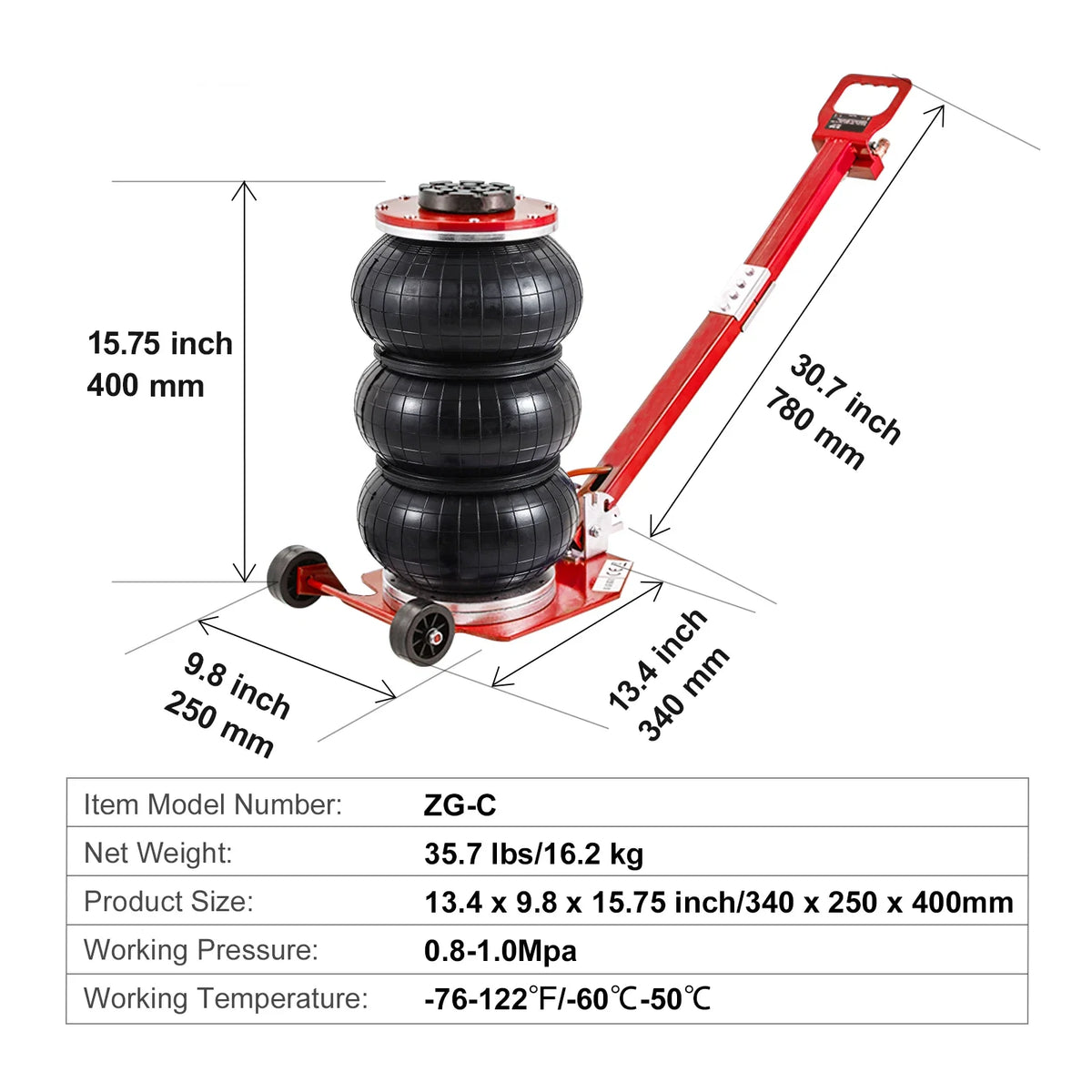 3 Ton/6600 lbs Triple Bag Air Jack with Six Steel Pipes 3-5 s Fast Lifting with Long Handle for Cars Garages Repair