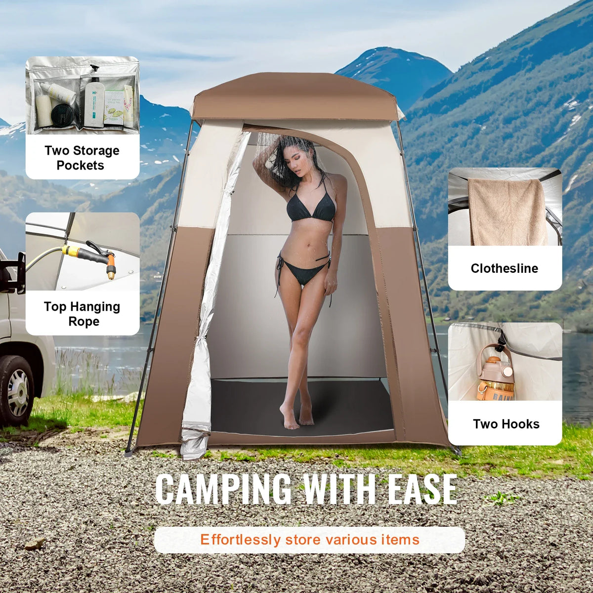 Camping Shower Tent 66" x 66" x 87" 1 Room Oversize Outdoor Portable Shelter Privacy Tent with Detachable Top Hanging Rope