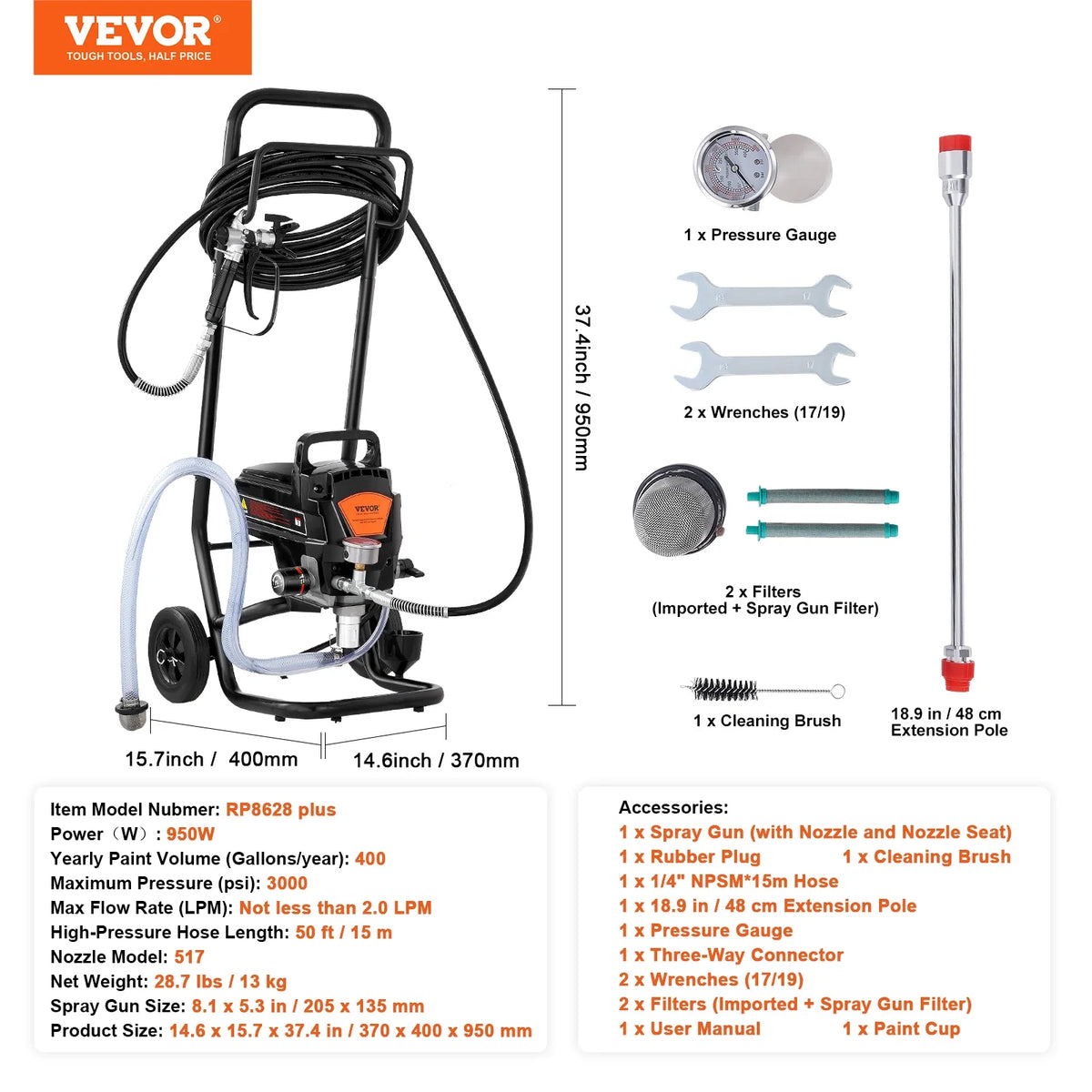 Stand Airless Paint Sprayer 950W 3000PSI Electric Airless Sprayer With Cart Fine Paint Sprayers for Furniture and Fences