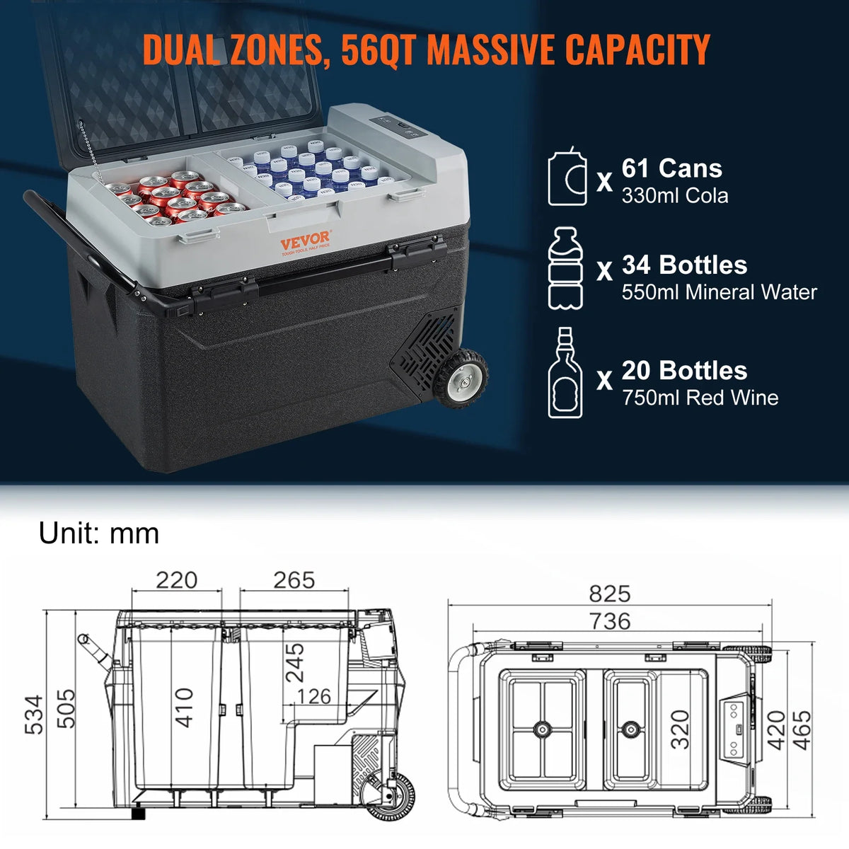 53L Car Refrigerator, 12V Car Fridge, Dual Zone Portable Freezer, -4℉-50℉, 12/24V DC and 100-240V AC Compressor Cooler