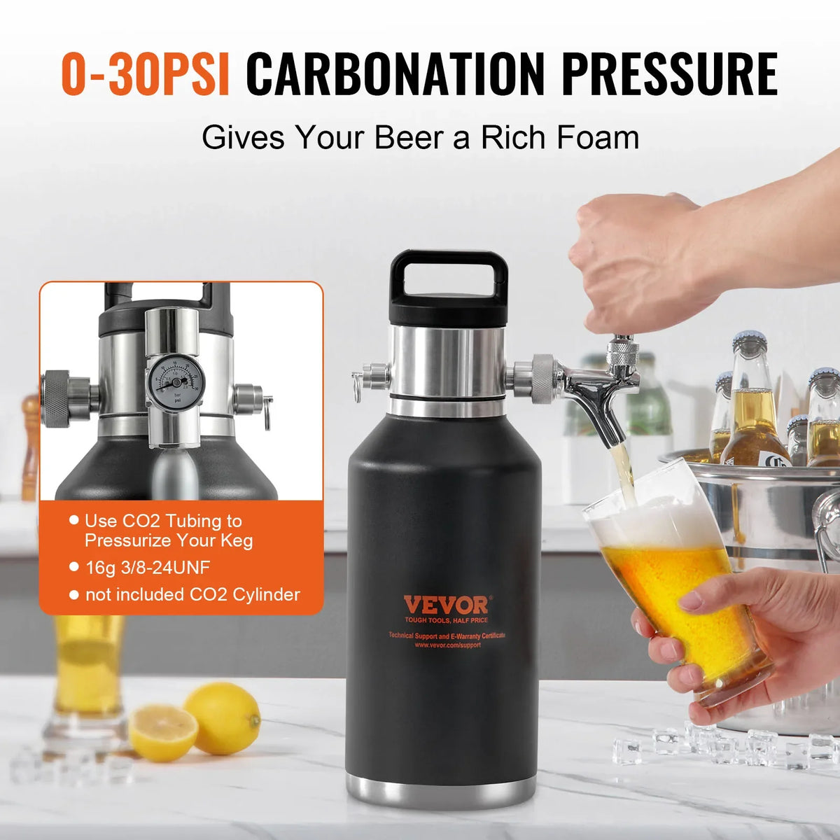 Beer Growler Tap System, 64/128 Oz Mini Keg,304 Stainless Steel Pressurized Beer Growler, Keg Growler w/ Pressure Display