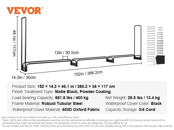 4.3/8.5/12.7FT Outdoor Firewood Rack w/Cover Heavy Duty Firewood Holder & 600D Oxford Waterproof Cover for Fireplace Patio