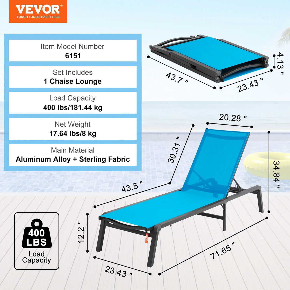 Chaise Lounge Chair Outdoor Aluminum Patio Lounge Chair 5-Position Adjustable Folding Pool Lounge Chair Recliner for Beach