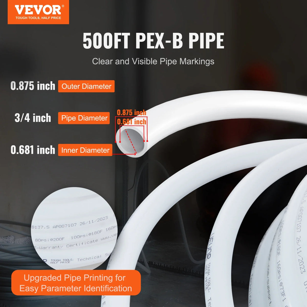 PEX Pipe 3/4 Inch 500 Feet Length PEX-B Flexible Pipe Tubing for Potable Water Pex Water Lines for Hot/Cold Water White