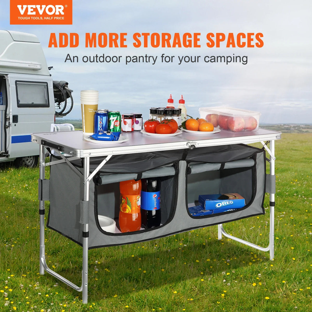 Camping Kitchen Table, Quick set-up Folding Camping Table with A Carrying Bag, 3 Adjustable Heights, MDF Camping Table