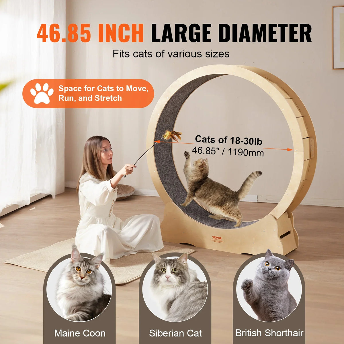 Cat Exercise Wheel Natural Wood Silent Running Toy Treadmill Roller Wheel with Detachable Carpet for Most Cats Pet Fitness