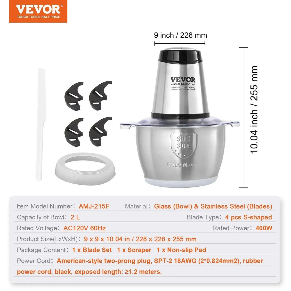Food Processor Electric Meat Grinder with 4-Wing Stainless Steel Blades Stainless Steel Bowl for Baby Food
