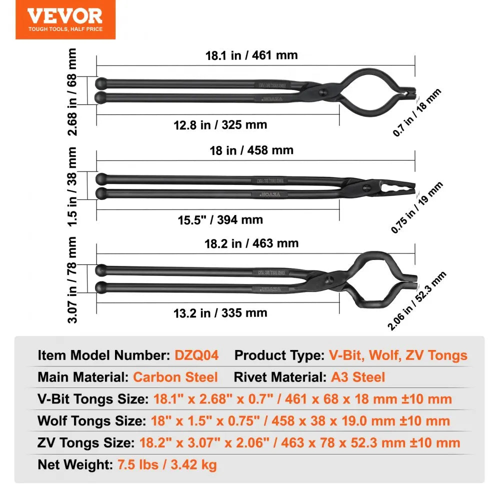 Forged Pliers Blacksmith Tongs 18''V-Bit Bolt Tongs Wolf Jaw Tongs ZV-Bit Tongs and Gripping Tongs Carbon Steel Forge Tong