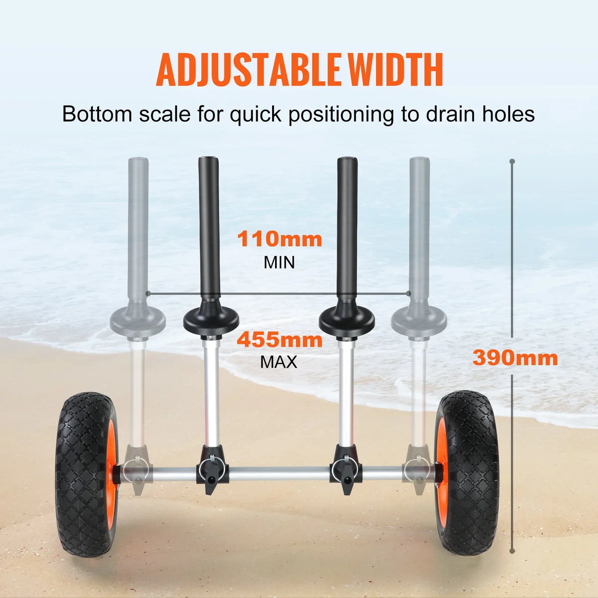 Heavy Duty Kayak Cart 280lbs Load Capacity Detachable Canoe Trolley Cart for Kayaks with Drain Holes of 2.54mm and Above