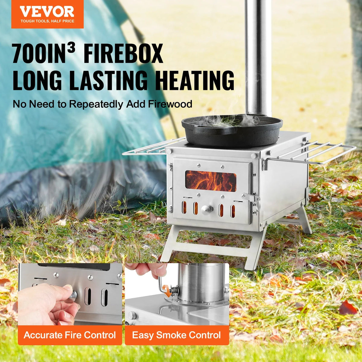 Wood Stove 80 in Stainless Steel Camping Tent Stove Portable Wood Burning Stove with Chimney Pipes & Gloves 700in³Firebox