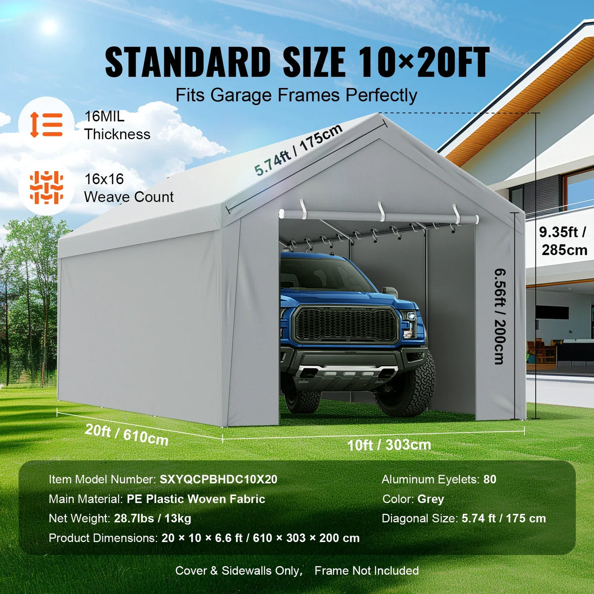 Replacement Canopy Cover Without Frame 10x20 ft Garage Tent Shelter Tarp Waterproof&UV Protected Garden Outdoor Carport