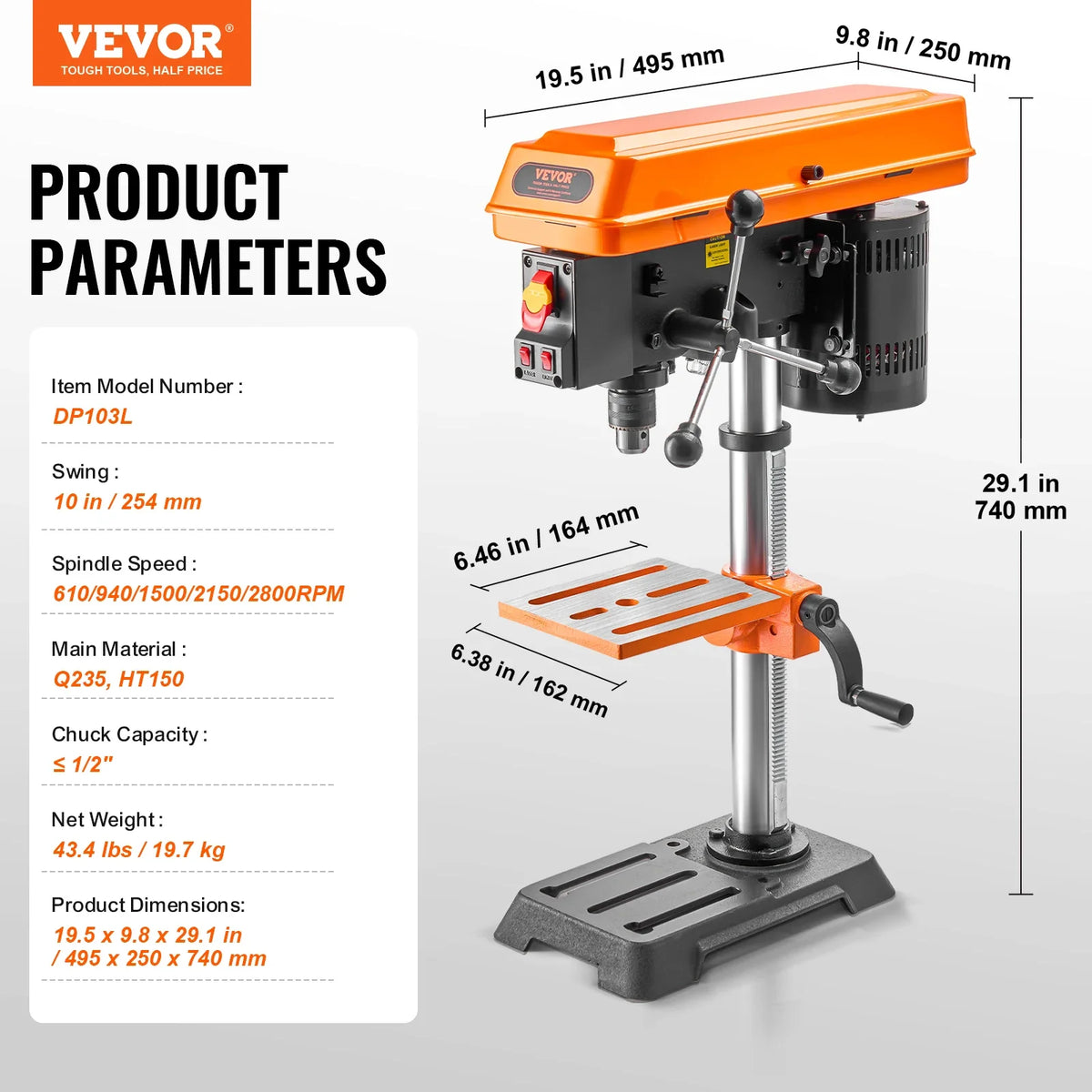 10 in Benchtop Drill Press Tabletop Drilling Machine with 610 / 940 /1500 /2150 / 2800 RPM Adjustable Speed for Wood Metal