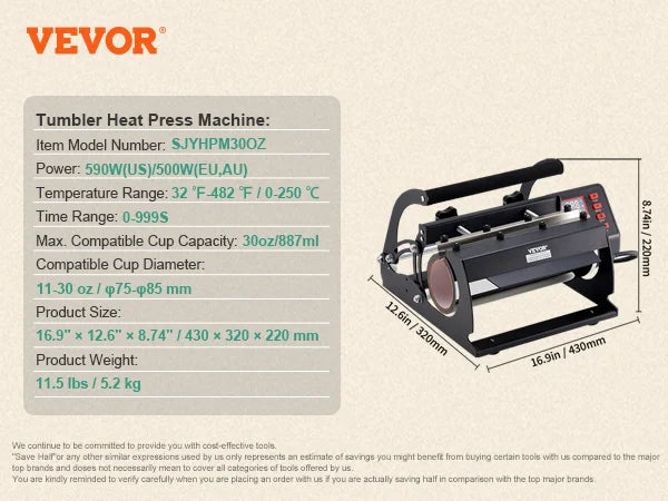 Tumbler Heat Press Machine 11-30oz Mug Press Tumbler Press with Temp and Time Setting for Sublimation Tumblers, Cups, Mugs