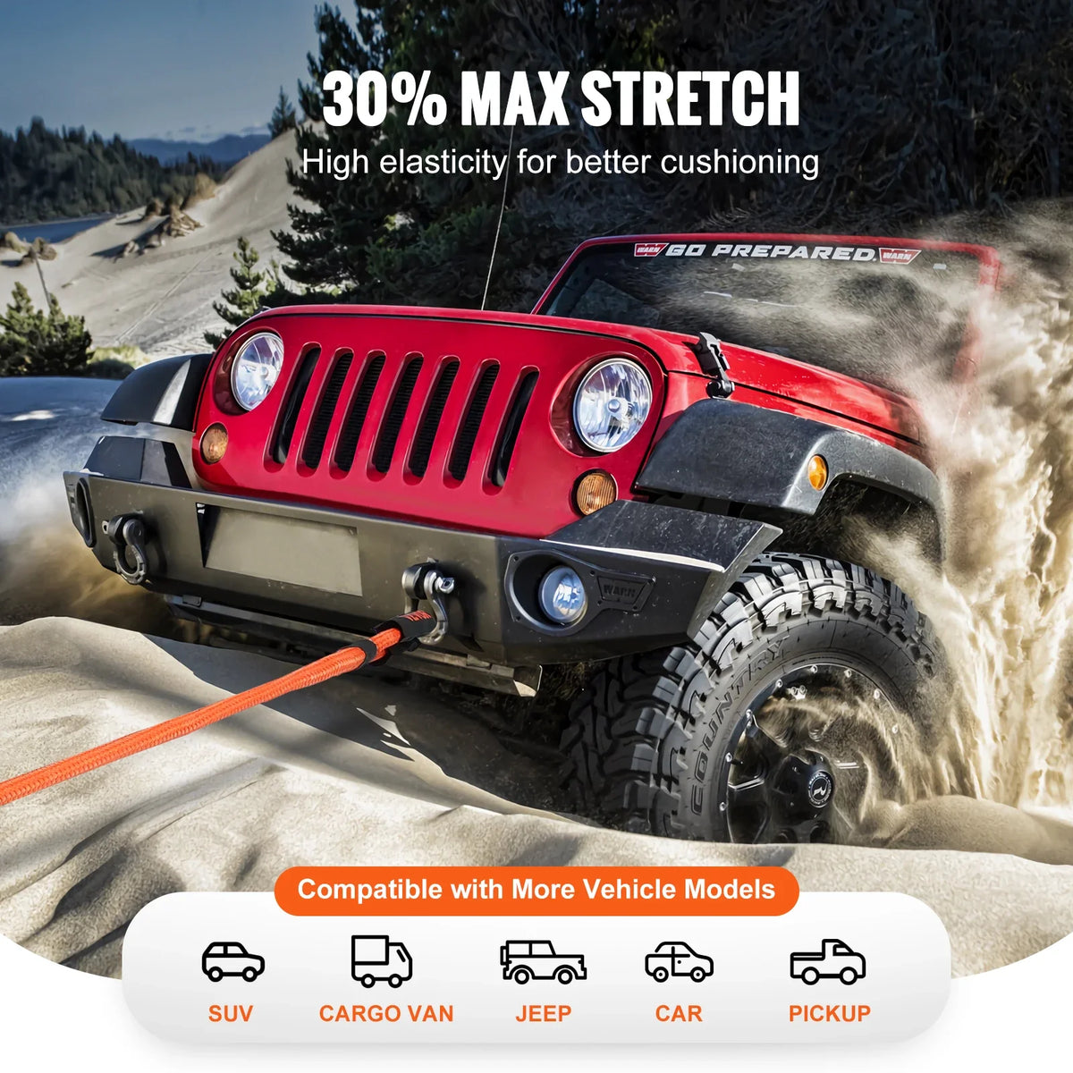 1" x 30' Kinetic Recovery Tow Rope 38,000 lbs Heavy-Duty Off Road Snatch Strap for Jeep Car Truck ATV UTV SUV Tractor