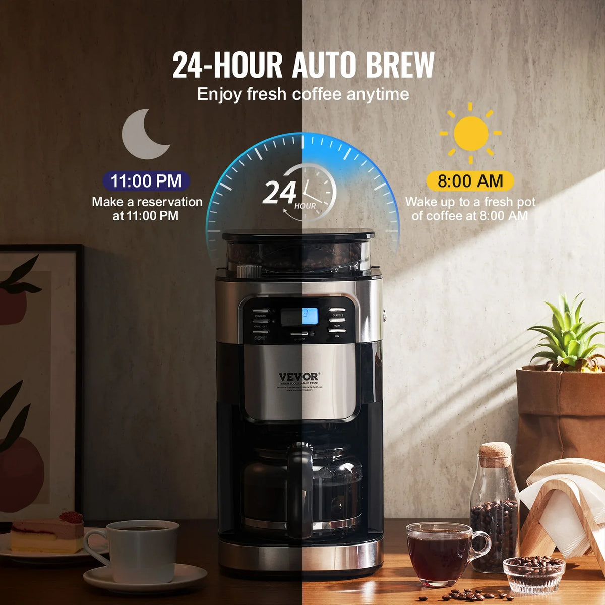 Coffee Maker with Grinder, 12 Cup Grind and Brew Coffee Maker with 3 Brew Strength Control, 24-Hour Timer for Auto Brew