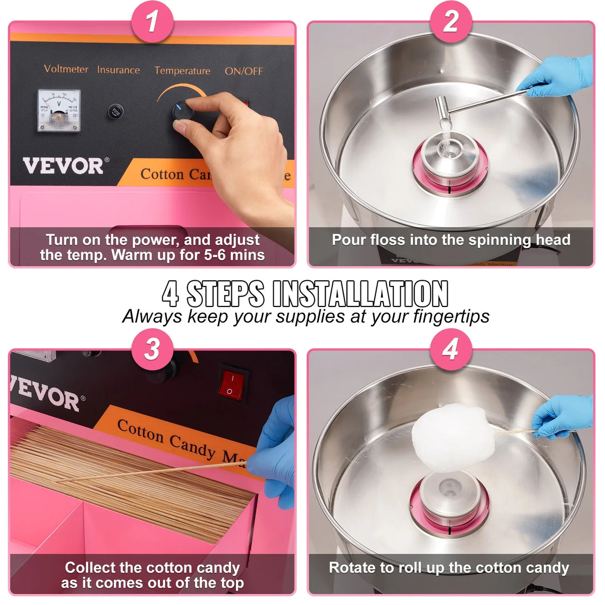 Electric Cotton Candy Machine Commercial Floss Maker with Stainless Steel Bowl Sugar Scoop and Drawer for Birthday Party
