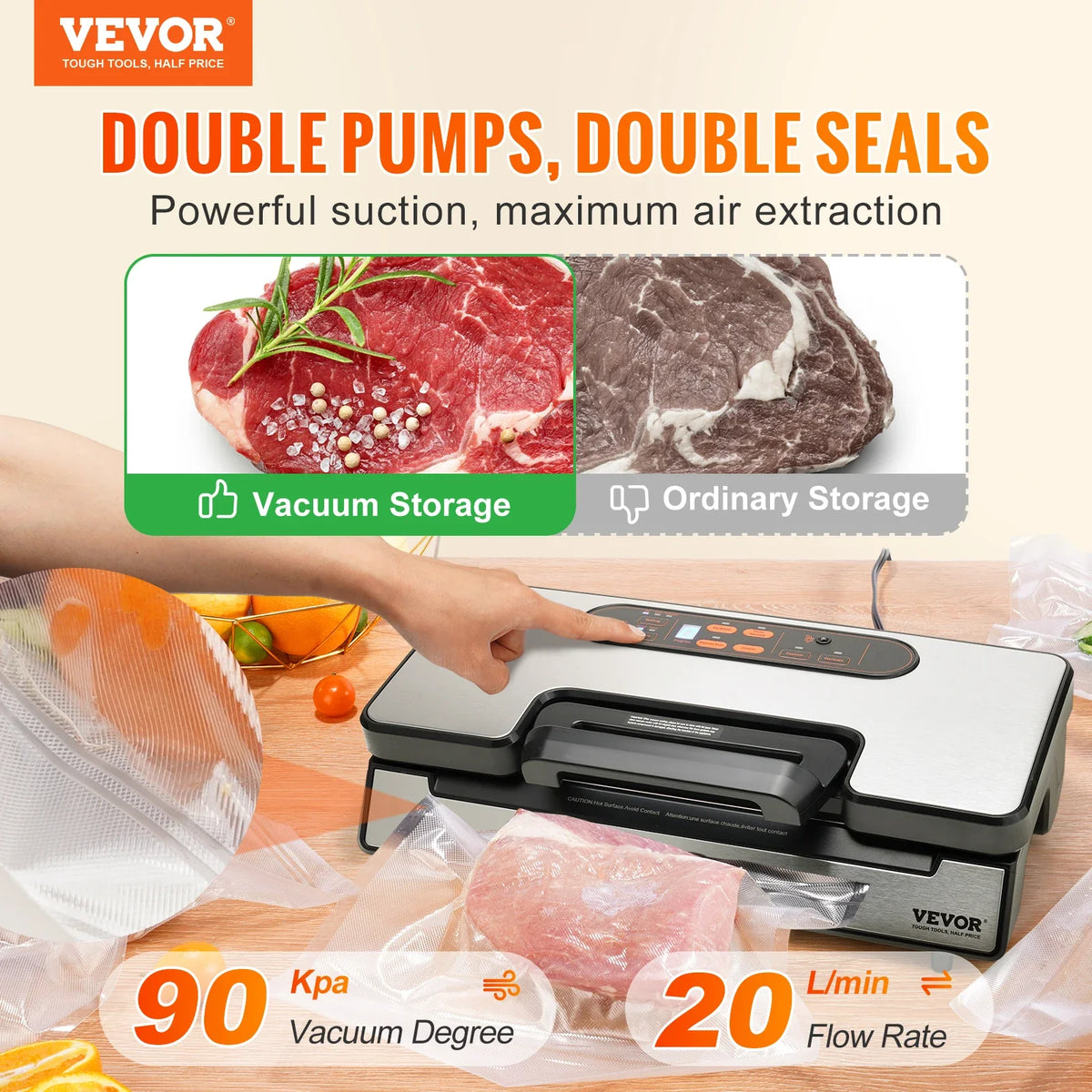 Vacuum Sealer Machine, 90Kpa 130W Powerful Dual Pump and Dual Sealing, Dry and Moist Food Storage, Automatic and Manual