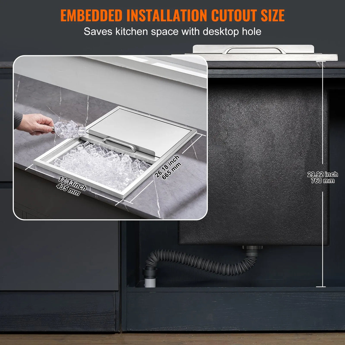 Drop in Ice Chest,Stainless Steel Ice Cooler,Ice Bin with Sliding Cover,40.9qt Outdoor Kitchen Ice Bar,for Cold Wine Beer
