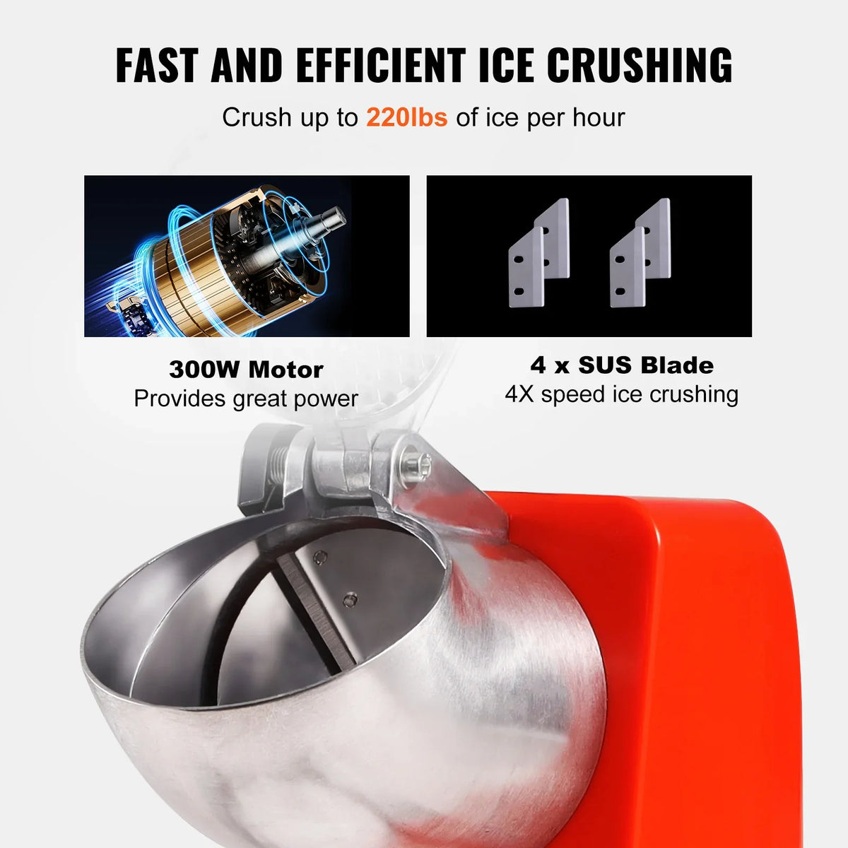 Ice Crushers Machine 220lbs Electric Snow Cone Maker with 4 Blades for Home and Commercial Use