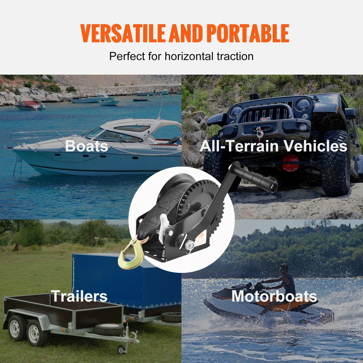 Hand Winch, 1200/1600/2000/3500 lbs Pulling Capacity, Manual Operated Hand Crank Winch for Trailer, Boat or ATV Towing