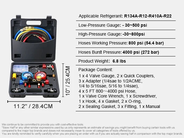 4 Way AC Gauge - AC Manifold Gauge Set for R134A R22 R12 R410A Refrigerant,Freon Gauges with 5ft Hoses, Couplers, Can Tap