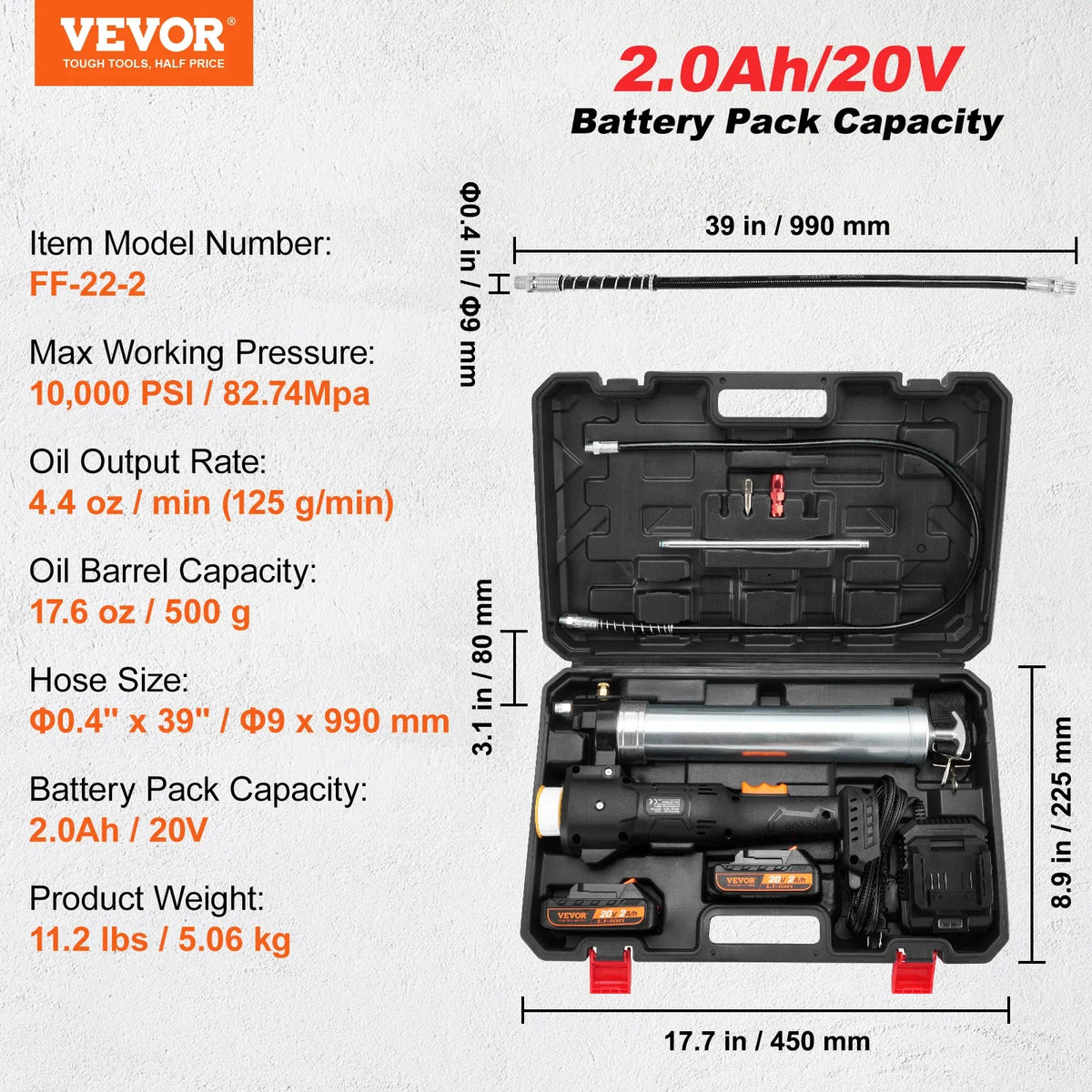 10000PSI 20-Volt Cordless Electric Grease Gun Kit Battery Powered with Two Batteries Carrying Case Charger Included