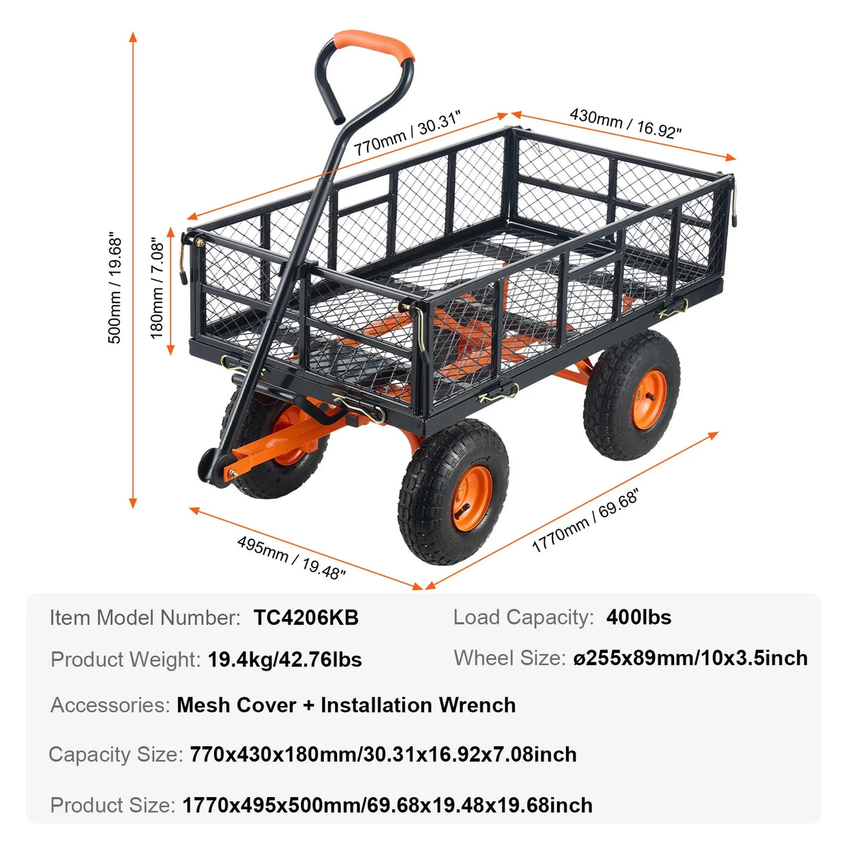 Garden Cart Sturdy Metal Utility Wagon 400lbs Load Versatile Dump Cart with Dual-Function Handle&10" Wheels Wheelbarrow