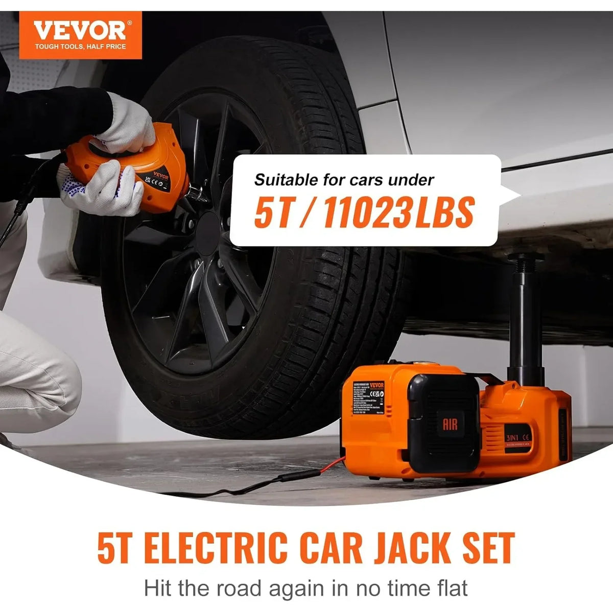 Electric Car Jack, 5 Ton/11023 LBS Hydraulic Jack Lift w/ Electric Impact Wrench, Built-in Inflatable Pump, and LED Light