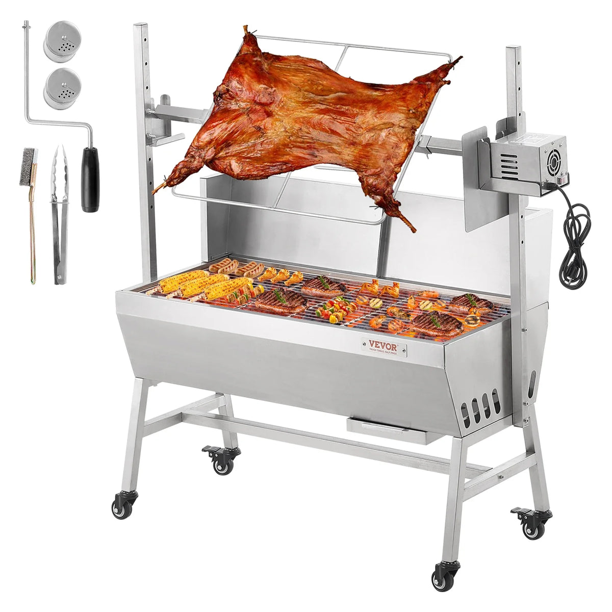 Rotisserie Grill with Windscreen, BBQ Whole Pig Lamb Goat Charcoal Spit Grill, 35 Inch 90 Lbs Capacity, Electric 42W Motor