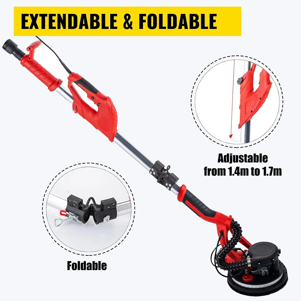 850W Electric Drywall Sander Variable Speed 800-1750RPM Foldable Sheetrock Sander with Telescope Handle Electric Sander