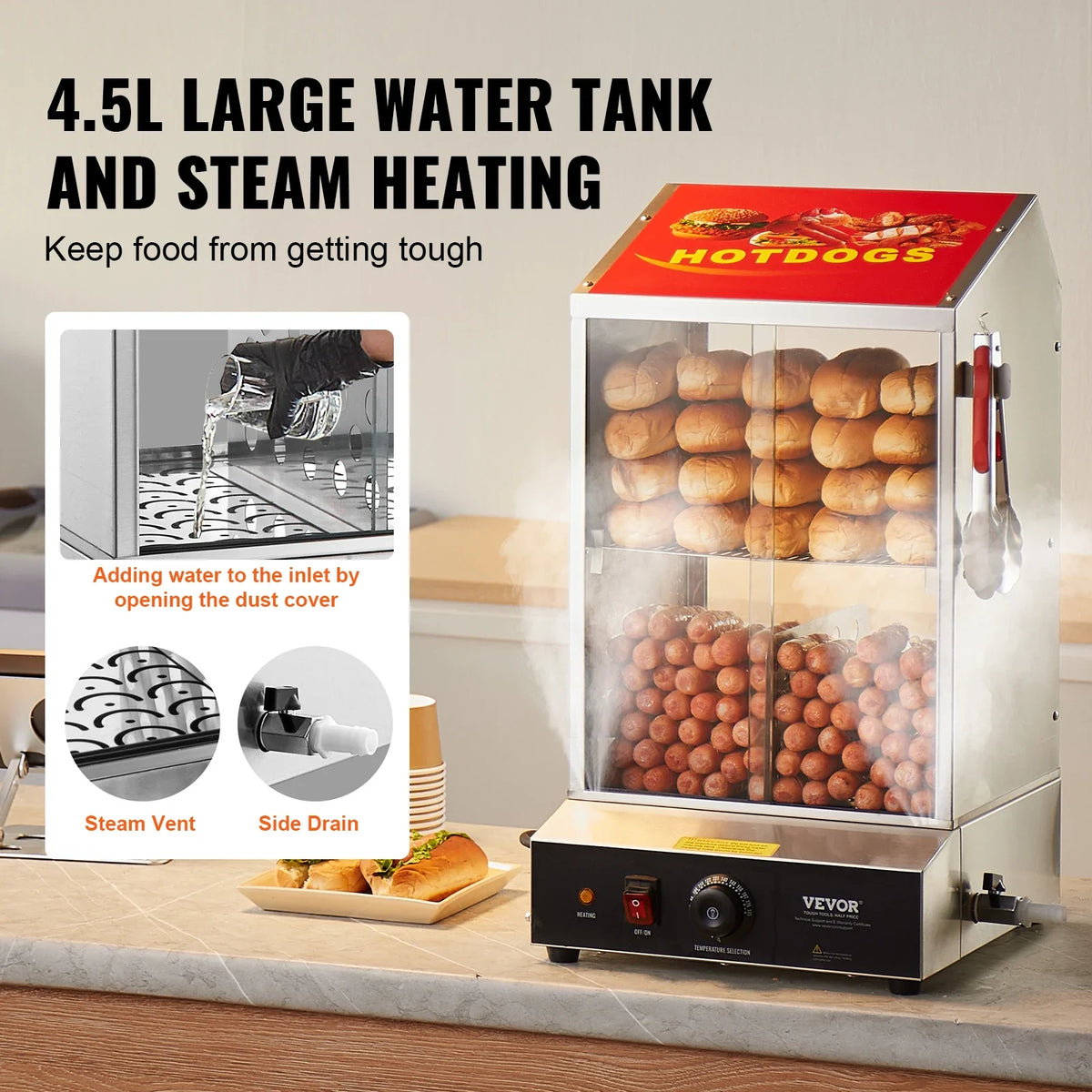 Hot Dog Steamer, 39QT, 2-Tier Hot Dog Hut Steamer, 86℉~185℉ Temp Control, Electric Bun Warmer w/Tempered Glass Slide Doors
