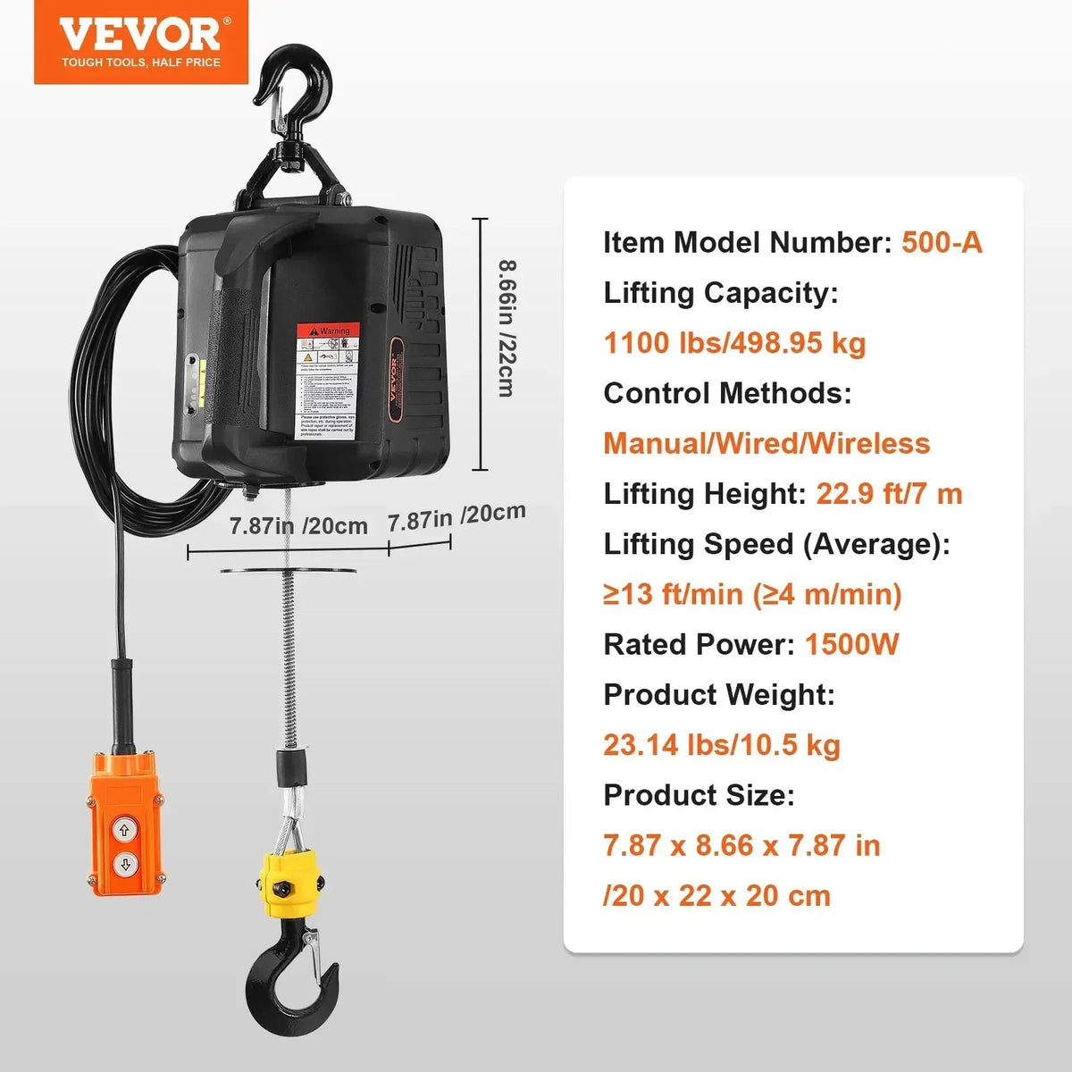 1100lbs 1500W Electric Hoist Winch 3-in-1 Portable Power Winch Crane with Wireless Remote Control for Overload Protection