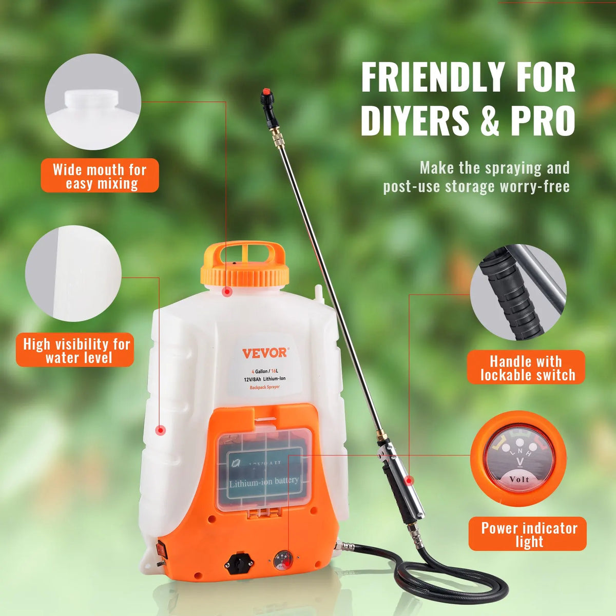 Battery Powered Backpack Sprayer 0-90 PSI Adjustable Pressure 4 Gallon Tank Back Pack Sprayer with 8 Nozzles and 2 Wands