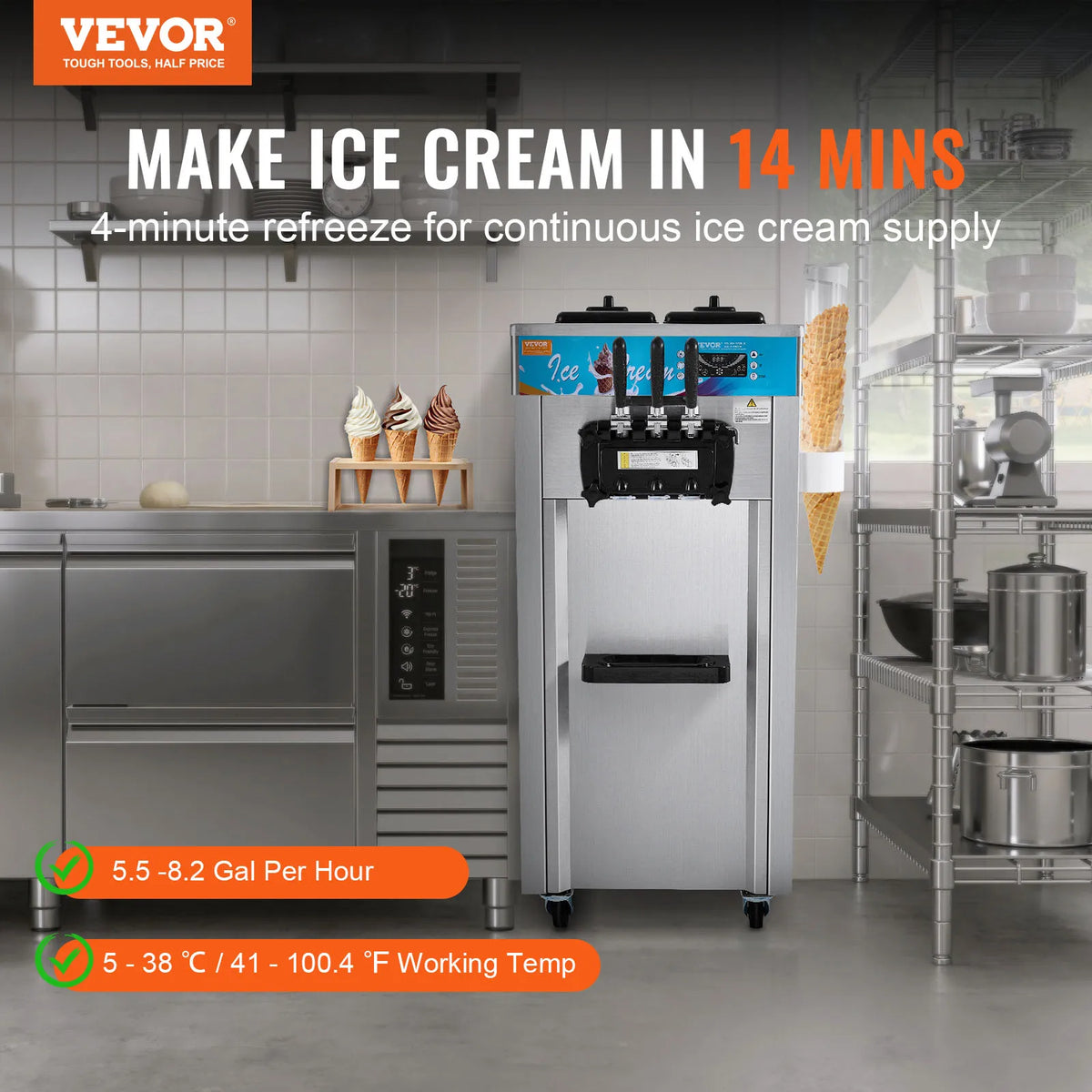 Commercial Ice Cream Machine,21-31 L/H Yield,1800W 3-Flavor Freestanding Soft Serve Ice Cream Maker,Auto Clean Pre-cooling