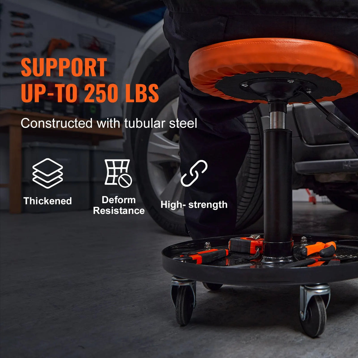 Mechanic Stool, 250 LBS Rolling Pneumatic Creeper Garage/Shop Seat, Adjustable Height 16-22  with Tool Tray