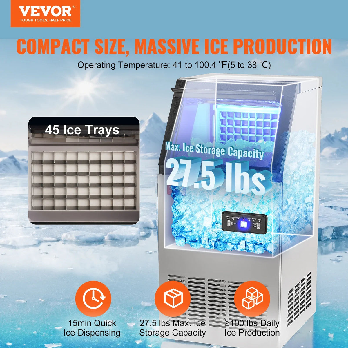 Commercial Ice Maker, 100 lbs/24H,45 Ice Cubes in 12-15 Minutes,Freestanding Cabinet Ice Maker w/27.5 lbs Storage Capacity