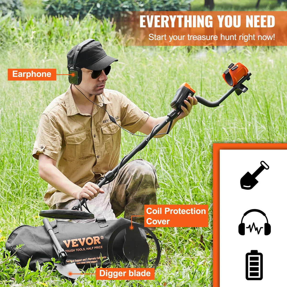 Metal Detector, 10 Inch Waterproof Search Coil with LCD Display 7 Modes, Adjustable 41''-52'' Aluminum Stem, DSP Chip