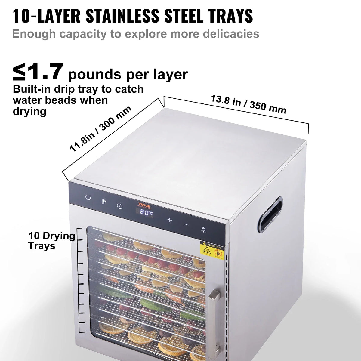 10 Trays Food Dehydrator Stainless Steel Machine 800W/1000W Household Vegetables Fruit Dryer with Digital Timer for Home