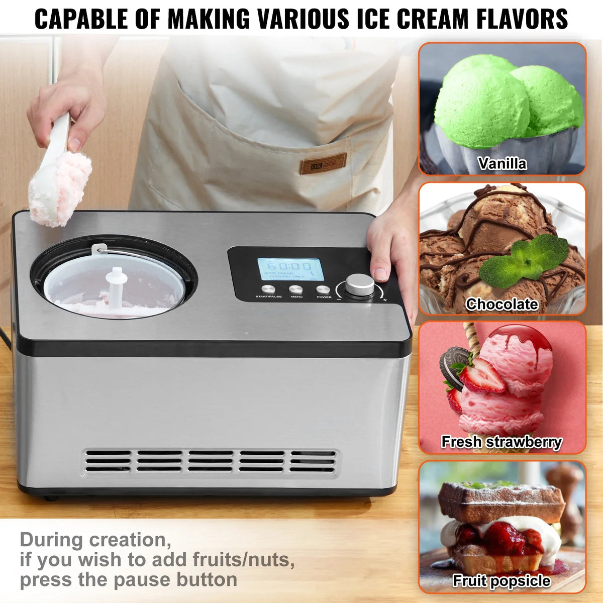Automatic Ice Cream Maker with Built-in Compressor 2 Quart No Pre-freezing Fruit Yogurt Machine Electric Sorbet Maker