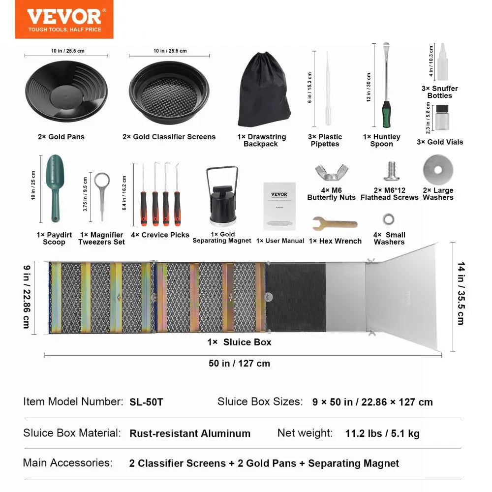 50" 12" Complete Sluice Box Gold Panning Kit Aluminum Alloy Gold Mining Equipment 23/16 PCS Gold Prospecting Kit