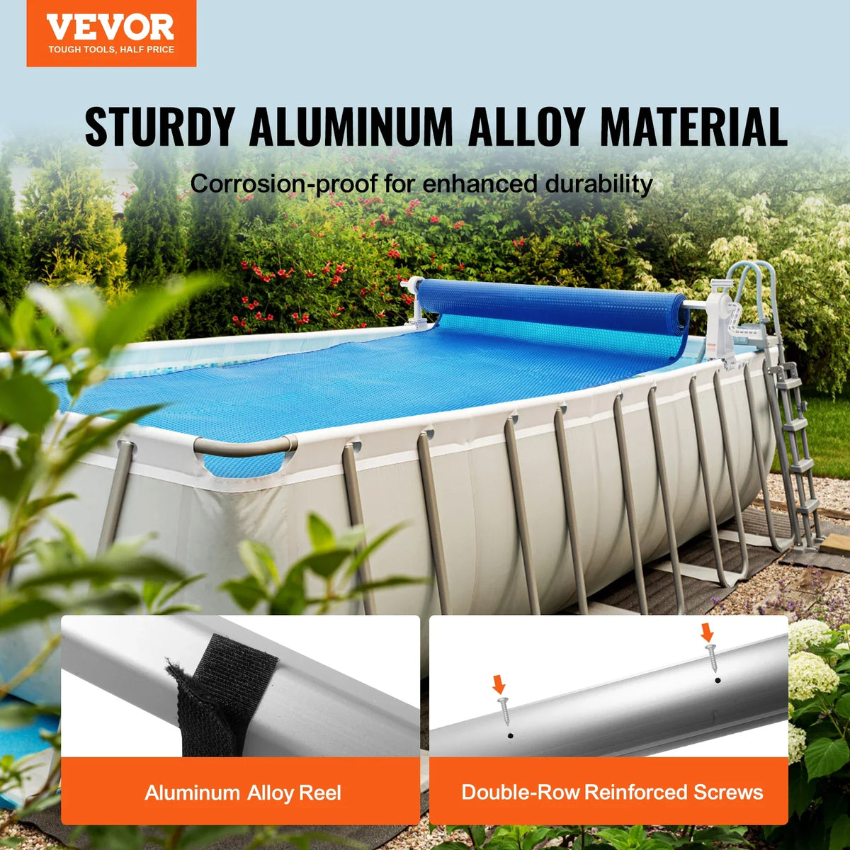 Solar Pool Cover Reel, Aluminum 20 ft Above Ground Swimming Pool Cover Reel Set Fits for 3 - 20 ft Width Swimming Pools