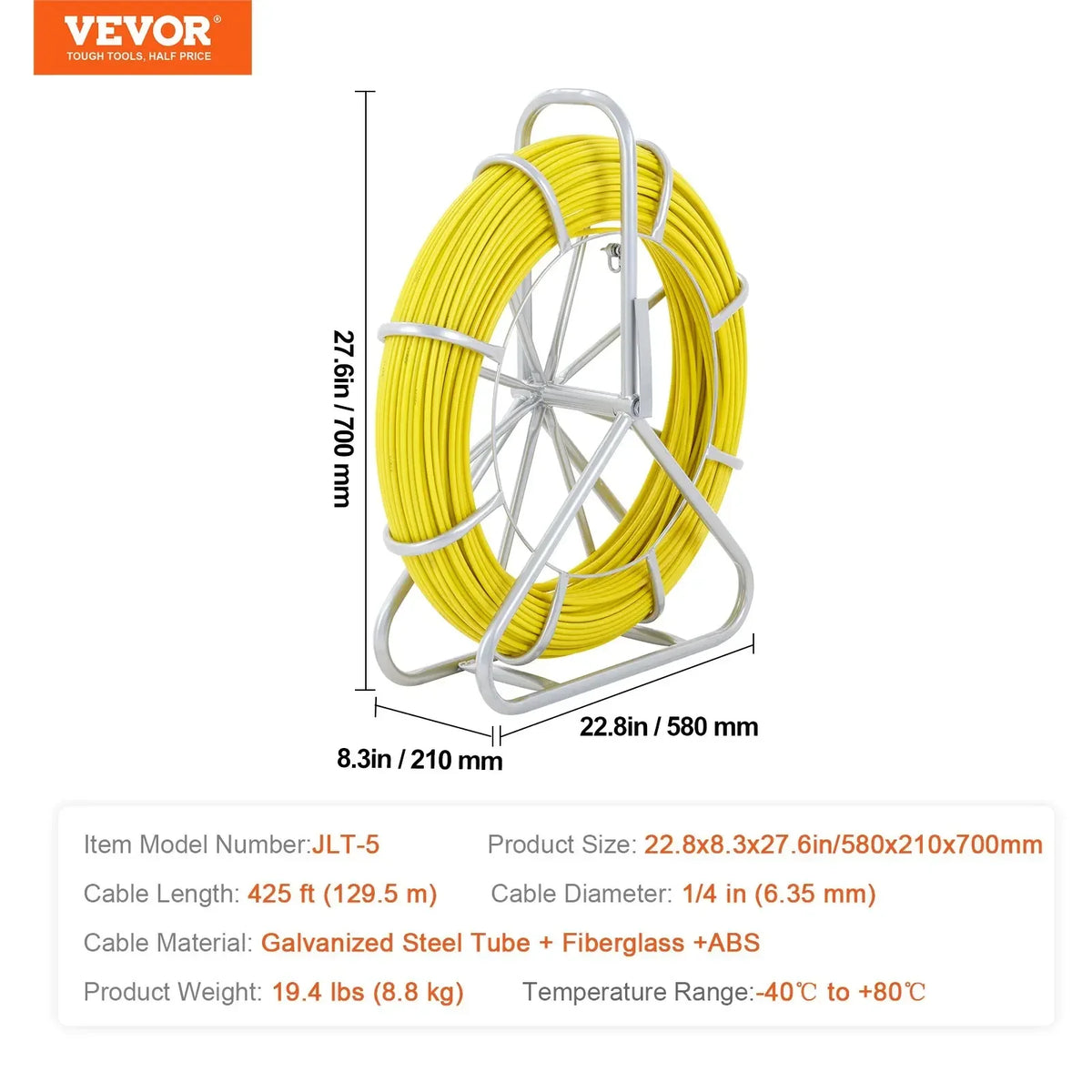 Fish Tape Fiberglass, 425/492 ft, Duct Rodder Fishtape Wire Puller, Cable Running Rod with Steel Reel Stand 3 Pulling Head