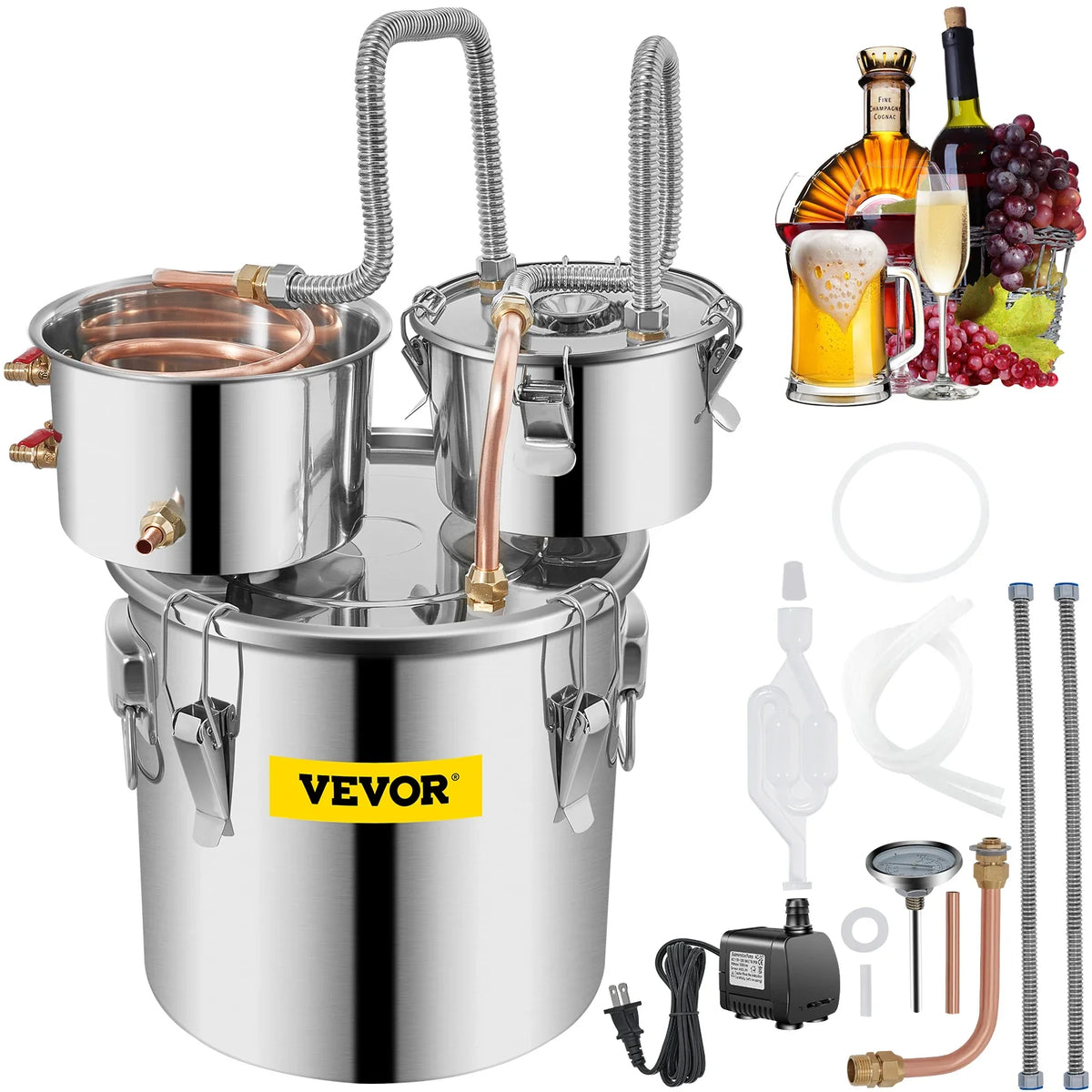 3/5/8/13.2 Gal Alcohol Brewing Distiller DIY Moonshine Apparatus Stainless Steel Still Whisky Beer Brandy Home Appliance